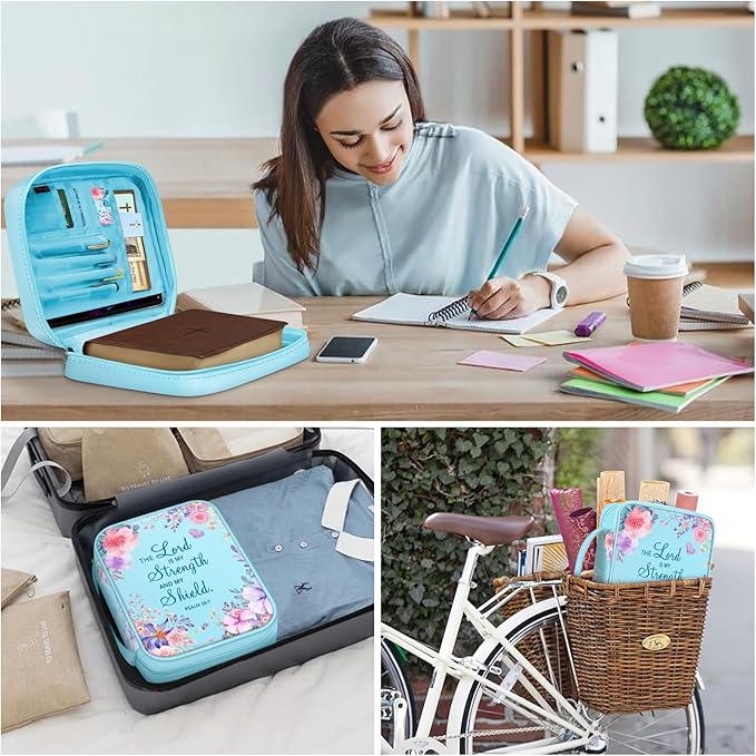 FINPAC Bible Cover, Carrying Book Case Church Bag Bible Protective with Handle and Zippered Pocket, Gift for Mother Lady Women Men, Floral Light Blue