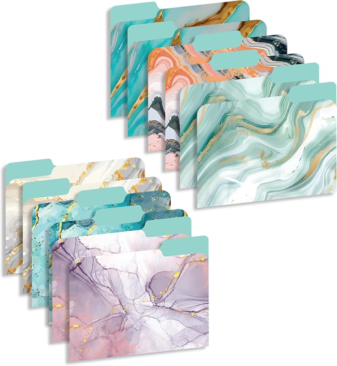 Decorative File Folders 1/3 Cut Tab, 12 Pack Marble Design, Heavyweight Laminated Letter Size (9.5” x 11.5”), Stylish Fashion File Folders for Home, Office & School Organization (Marble)