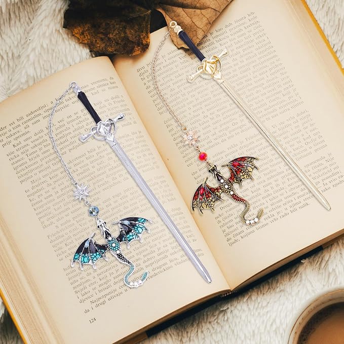 Dragon Sword Bookmarks Gifts - 2 PCs Fantasy Metal Book Marks Blue Red Cool Page Makers Gifts for Reading Kids Boys Men Women Novel Fans Lovers Students Teachers School Office Thanksgiving