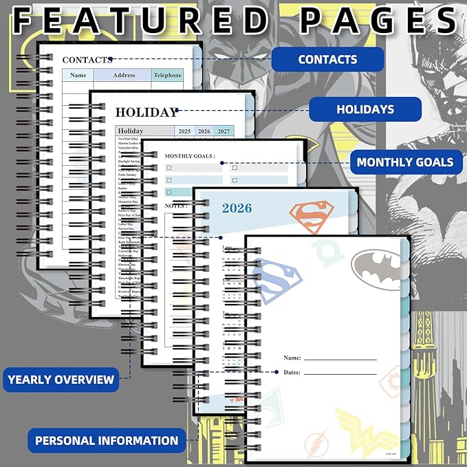 Batman 2026 Planner – Superhero Undated Daily Weekly & Monthly Planner with Calendar & Holiday Tracker, Monthly Tabs, Habit Tracker, 12 Months Spiral Agenda Book for Office School Gift Supplies