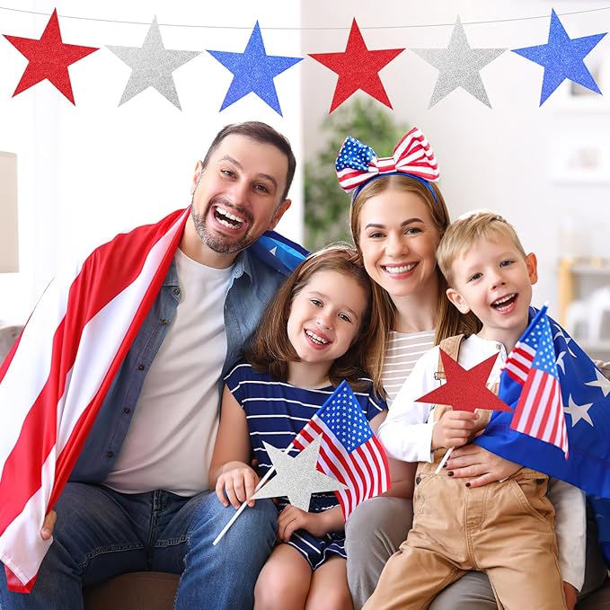 JUNEBRUSHS Patriotic Stars Cutouts, 48Pcs Double Sided Glitter Stars Cutouts 4th of July Paper Star Classroom Bulletin Board Decoration for Independence Day Wall Decor Craft Supplies