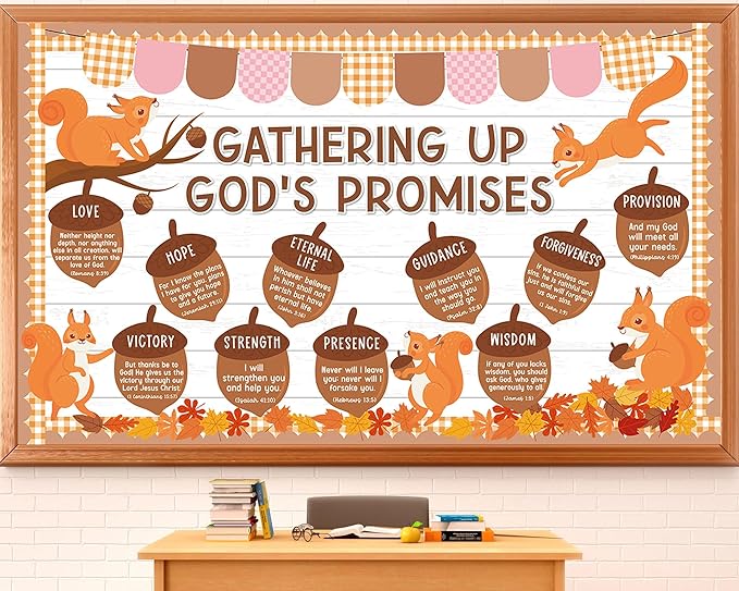 Bible Verse Bulletin Board Autumn Christian Classroom Decoration Gathering Up God's Promises Coutouts Retro Groovy Religuous for School Home Office Chalkboard Blackboard Wall Window Decor Supplies