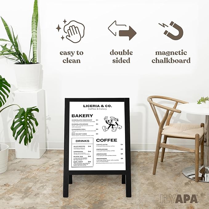 Ilyapa Wooden Dry Erase A Frame Sign - Magnetic Whiteboard Sidewalk Menu Board Outdoor - Menu Display for Restaurant, Food Truck - 31x20 inch - Black