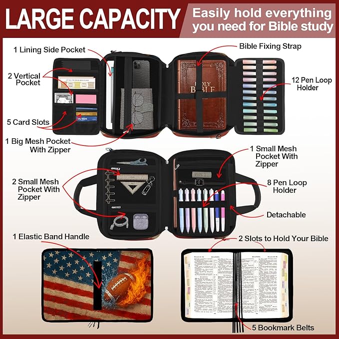 American Flag Football Bible Cover Case for Men Boys, Rugby Large Kids Bible Bag Book Carrying Case with Handle Zipper Pocket, Bible Study Supplies Journaling Kit Highlighters Pens Cross Clips