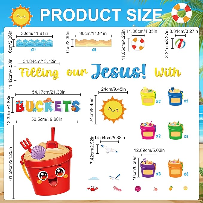 Summer Jesus Bulletin Board Decorations Set Summer Bucket Classroom Decor Filling Our Buckets with Jesus Sun Beach Christian Cutouts for School Classroom Home wall Chalkboard Supplies