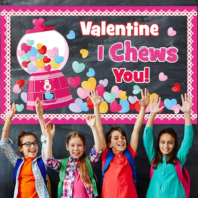 Valentine's Day Gumball Machine Bulletin Board Set, Valentines Day Bubble Gumballs Bulletin Board Classroom Decorations Colorful Heart Cutouts Home Wall Party Decor for Teacher(Valentine I Chews You)