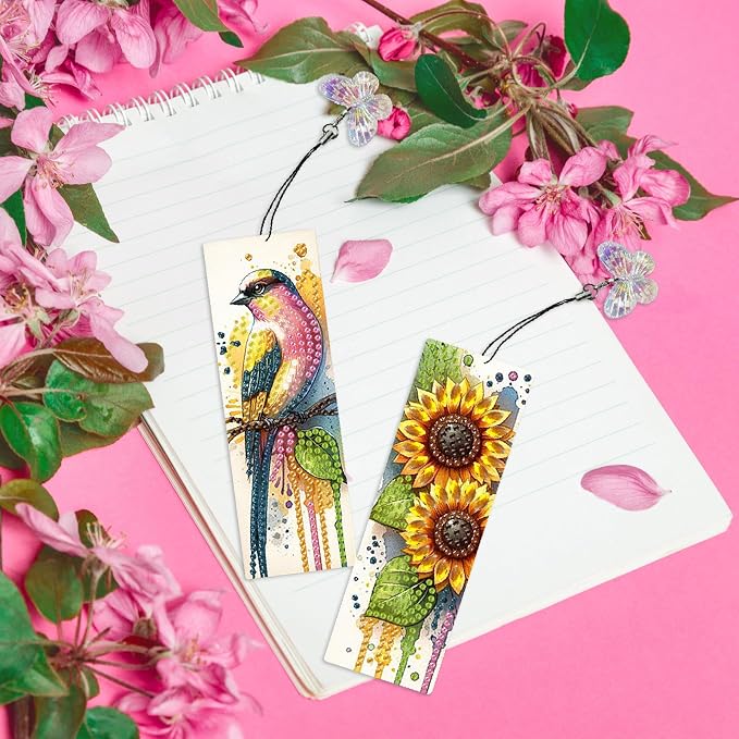 ARTopet 3Pcs DIY Diamond Art Painting Bookmarks with Colorful Butterfly Pendant PET Bookmark Ornament Double Sided Pattern Single Sided Diamond Book Marker Clip Gifts Tags-Sunflower Bird
