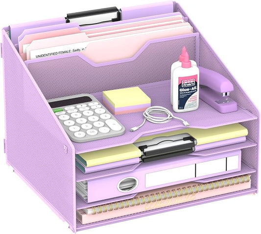 Desk File Organizer, Paper Organizer with 4 Letter Trays and 2 Vertical Upright Sections, Desk Organizers and Accessories for Office, School, Home (Purple)