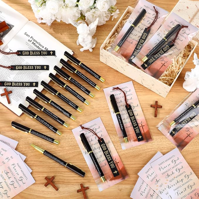 Skyygemm 20 Set Fathers Day Christian Gifts Bulk Bible Verse Pens God Bless You Bookmarks and Prayer Cards with Bags Religious Gifts for Men Church Sunday School Party Favors (Black)