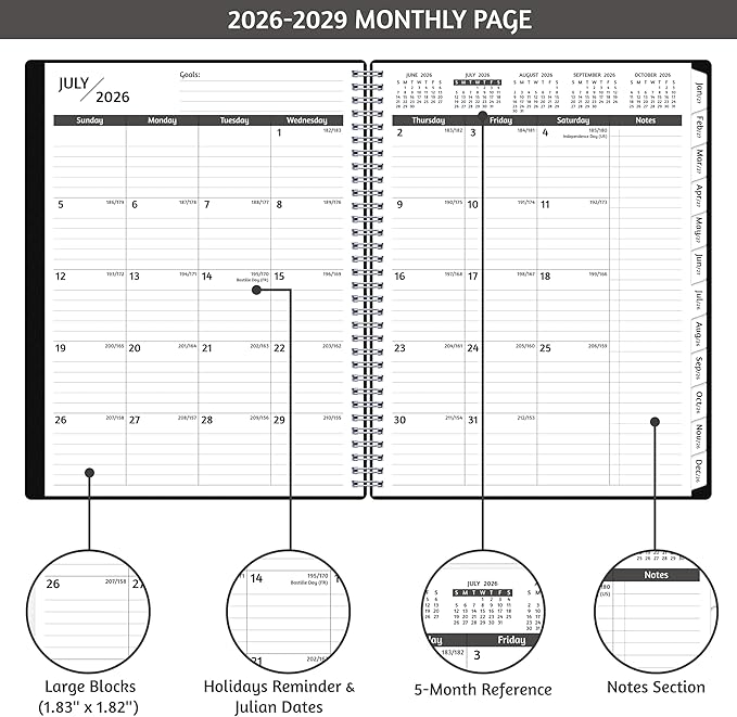 Monthly Planner 2026-2029, 36 Months Calendar Planner 2026-2029 from Jul 2026 – Jun 2029, 8.5'' x 11'' with Ruled Spread, Flexible Cover, Spiral Wirebound, Pocket, Coated Tabs, Notes ＆ Habit Tracker
