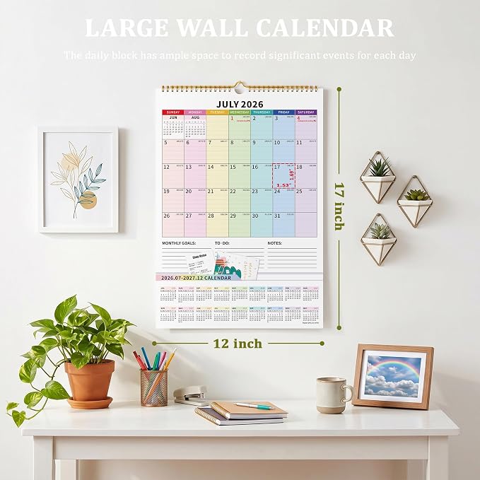 Ospelelf Wall Calendar 2026-2027 with Storage Pockets, 17" X 12" Monthly Large Planner Pad with Protective Cover and Stickers, for Family Fridge Office Teacher School, Use July 2026 to December 2027 Colors