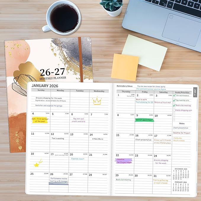 2026-2027 Monthly Planner, 2 Year Calendar Planner, Jan 2026 - Dec 2027, 8.3'' x 11'', 24 Months, Embossed Cover, with Printed Tabs ＆Pocket, Elastic Closure, Organizer for Office Home School, Brown