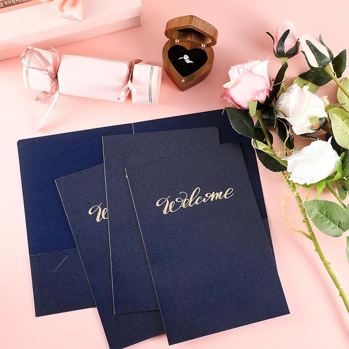 Affrolling 50 Pack 9 x 12 Inch Welcome Pocket Folders Church Visitor Welcome Folder Presentation Folder Employee File Folders for Weddings, Party, Conference, Seminars, Bar Mitzvah(Dark Blue Linen)