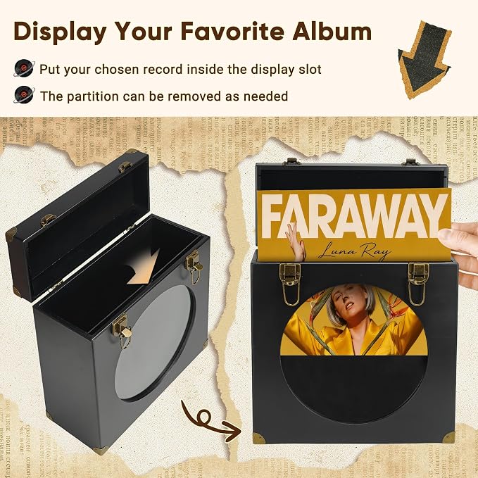 Solid Wood Vinyl Record Storage Box with Display Window - Holds 30 LPs, Acrylic Front, Leather Handle & Metal Lock for 12/10/7 Inch Records (Black)