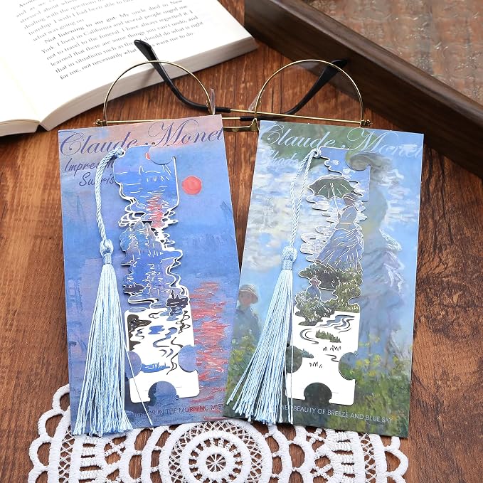 2 Metal Bookmarks with Tassel, Oil Painting Woman with a Parasol and Impression Sunrise