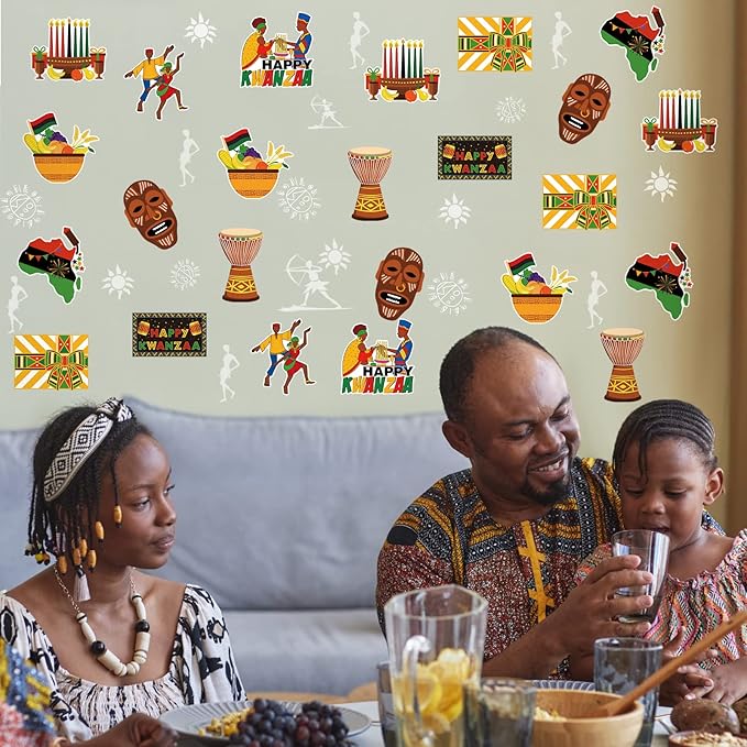 68 Pcs Kwanzaa Classroom Bulletin Border Decoration - Happy Kwanzaa Cutouts, Traditional African Giant Drum Mask Flag Map, Giant Candlestick Cutouts for School Chalkboard, Party Wall
