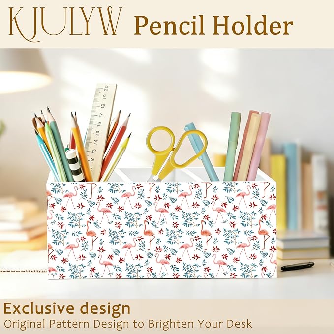 Pink Flamingo Pen Holder for Desk, Flamingo Gifts for Women, Tropical Leaf Flamingos Wooden Box Pencil Pen Holder Organizer for Home Office Desk Accessories