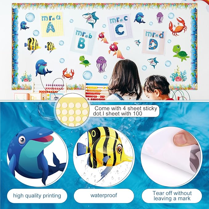Kosiz Ocean Colorful Bulletin Board Decoration Set 118 ft Scalloped Bulletin Board Borders Classroom Poster Border Trim with 257 Pcs Letter Number Symbol Cutout for School Decor