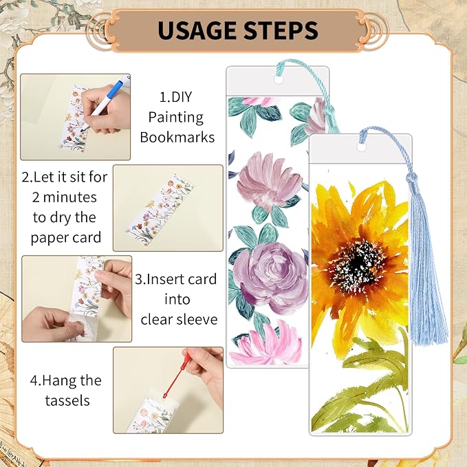 60 Sets Kraft Paper Blank Bookmarks with Tassels, Cardstock DIY Bookmark Making Kit, DIY Projects Party Favor Gift Tag Bulk PVC Tags, 60 Bookmarks 60 Clear Bookmark Sleeves 60 Tassels