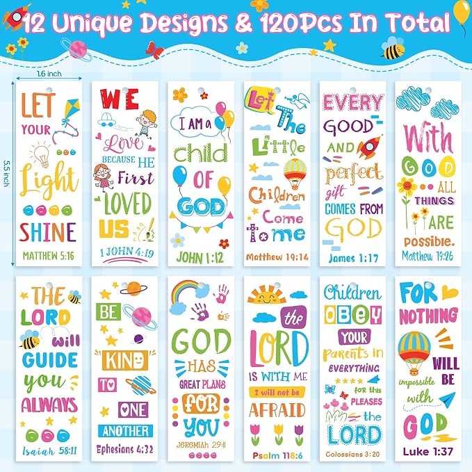 Haooryx Bible Verse Bookmarks for Kids - 120Pcs Religious Inspirational Bookmark Colorful Flower Balloon Book Mark Sunday School Supply Class Reward Reading Lover Gift Birthday Party Goodie Bag Filler