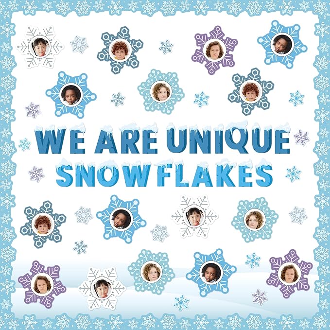 QOUBAI Winter Bulletin Board Decorations Snowflakes Paper Cutouts DIY Photo Crafts Christmas Bulletin Board Set for Winter Holiday Classroom Chalkboard Wall Door Decor Home School Supplies