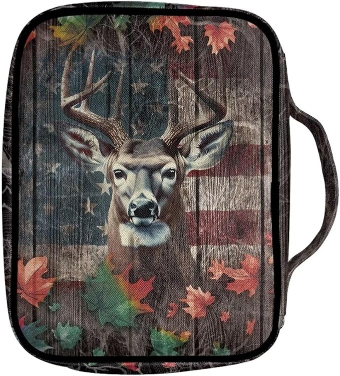 Suobstales Deer Camo Print Bible Covers for Women Men Bible Case Wood American Flag Design Bible Bag Bible Accessories with Handle and Zippered Pocket Bible Tote Bag for Women Men