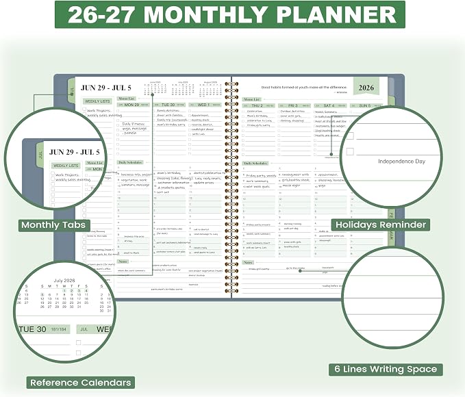 2026-2027 Planner - Business Planner 2026-2027, 3-Tier Schedule Planner Notepad, JUL 2026 - JUN 2027, 26-27 Appointment Book, Daily Planners, 8.74" x 11.38", 60 Minutes Intervals + Monthly Tabs + Leather Cover + Pocket - Pea Green