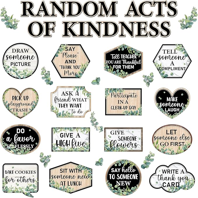 QOUBAI Greenery Random Acts of Kindness Bulletin Board Set Eucalyptus Classroom Bulletin Board Decorations Kindness Challenge Cutouts Classroom Decorations for Back to School Office Chalkboard Decor