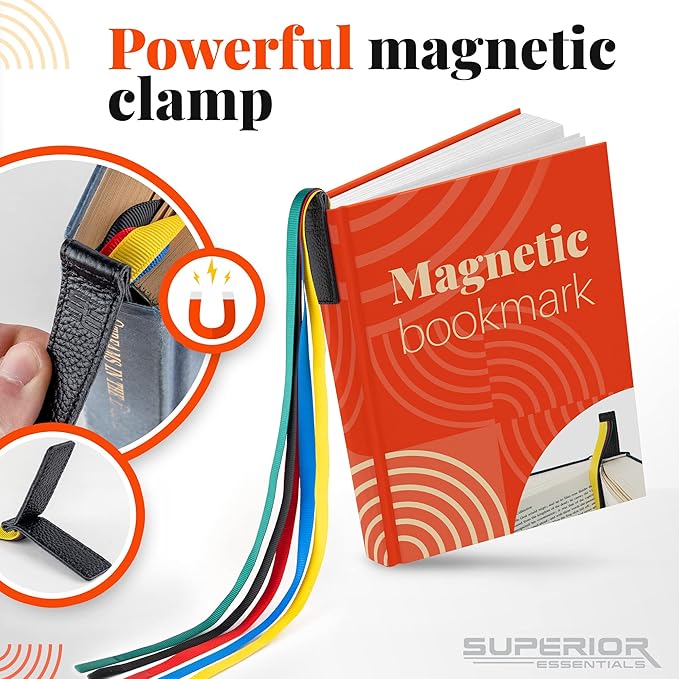 Superior Essentials Magnetic Bible Bookmark - Genuine Leather, Attachable Bible Ribbon Bookmarks for Book Lovers with 5 Strings - No More Flipping Pages Using Our Bible Page Marker (3PC, Rainbow)