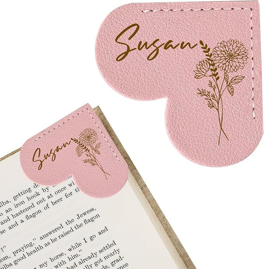 EDSG Personalized Leather Heart Bookmark, Cute Corner Bookmarks for Women, Men, Custom Birth Flower Book Marks with Name, Birthday Christmas Gifts for Book Lovers, Teachers, Student (Light Pink-Heart)