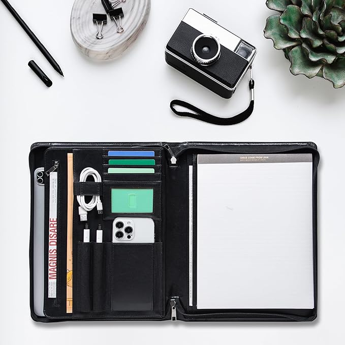 Calfinder Leather Padfolio with Zipper, Professional Business Padfolio for Women,Leather Portfolio for Men,Portfolio Binder for Ipad,Document and Resume,Gift for Valentine's Day