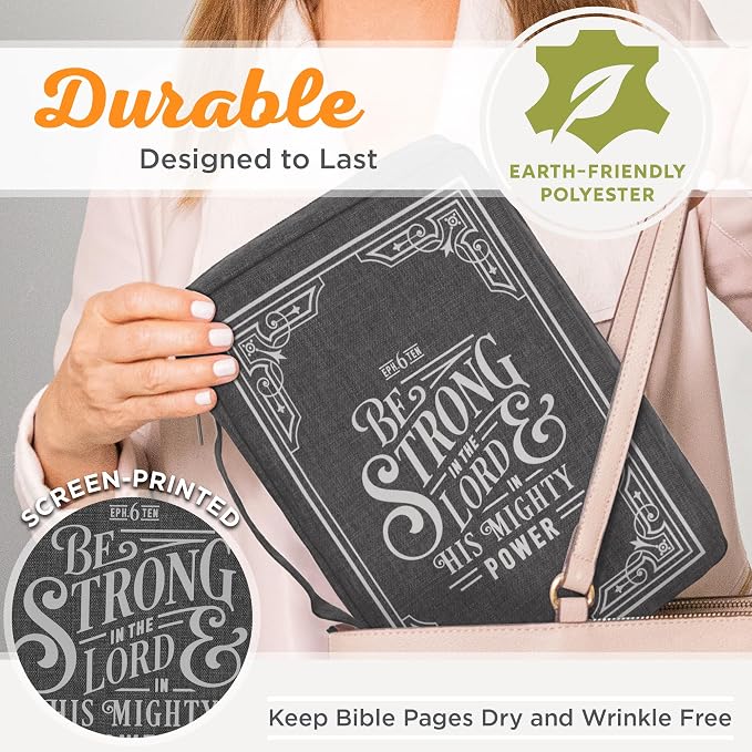 Christian Art Gifts Men/Women's Bible Cover Strong in The Lord Ephesians 6:10, Gray Canvas, Medium