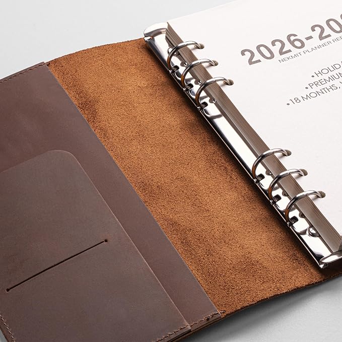 Nekmit Leather Planner 2026, A5 Refillable Runs From January 2026 to June 2027 Ring Binder 5"x8" Planner Monthly Weekly, Crazy Horse Leather Cover with Storage Pockets, Back to School Supplies