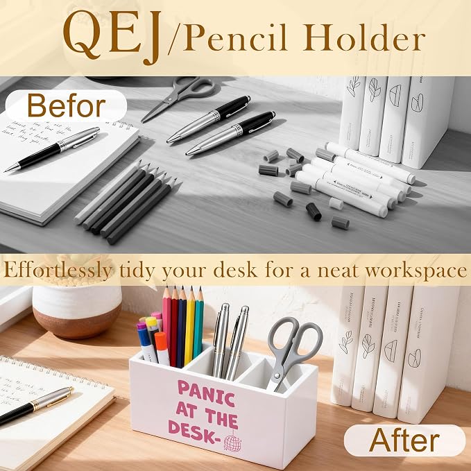 Funny Pink Office Pen Holder for Desk, Preppy Room Decor, Funky Y2K Disco Ball Aesthetic Panic at the Desk Wooden Box Pencil Pen Organizer for Home Office Desk Tabletop