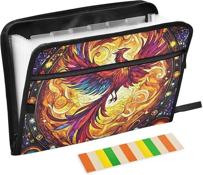 Expanding File Folder Phoenix Fire Wing Rainbow Glass Accordion File Organizer 13 Pockets Document Organizer with Zipper Labels A4 Letter Office Storage