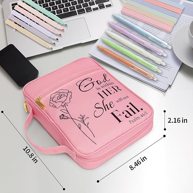 Bible Cover for Women, Bible Holder, Bible Study Supplies Accessories Bible Cover Carrier Carrying Organizer Bag, Zipper and Pockets for Standard Size Bible, Gift for Women（pinksuit）