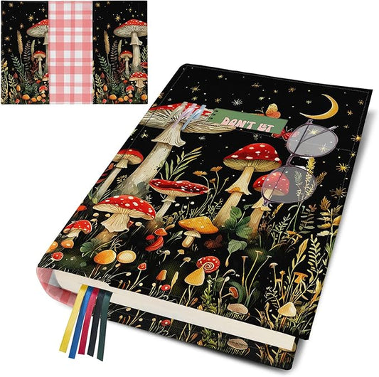 Book Cover Protector for Paperback,Adjustable Soft Canvas Fabric Book Cover with Pocket Bookmark,Double Side Print Book Dust Jacket Covers for Hardcover Book Lovers Gift Mushroom L