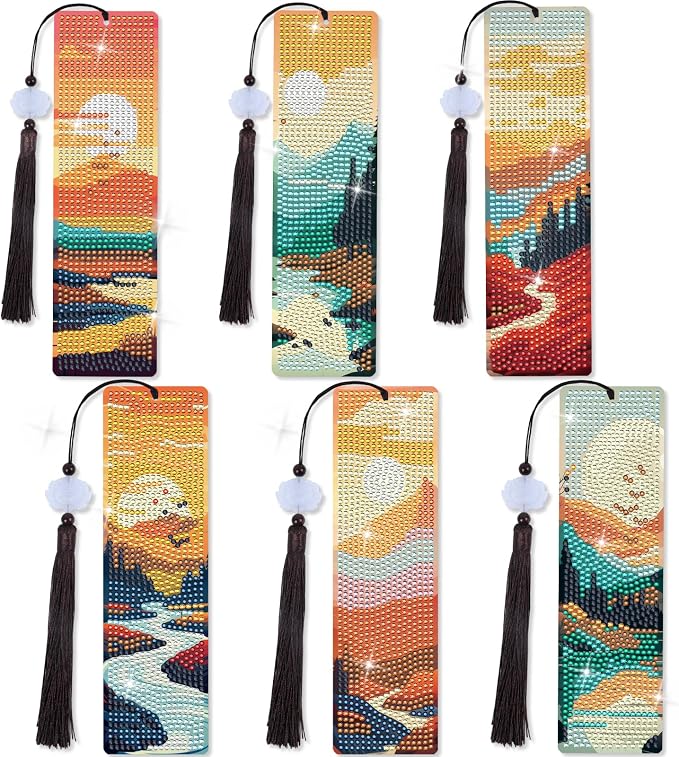 Sitsink Scenery Diamond Art Bookmarks - 6 Pcs Sunset Diamond Painting Bookmark Kits with Tassels, Sunrise DIY Gem Art Rhinestone Crafting Kit for Adults Women
