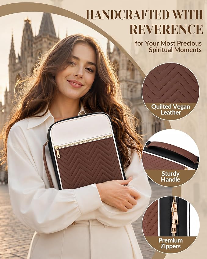 XKDOUS Quilted Leather Bible Cover Case for Women, Zippered Bible Carrying Bag with Study Supplies and Accessories, Waterproof Bible Organizer Holder for Church and Daily Use (White, Black & Brown)