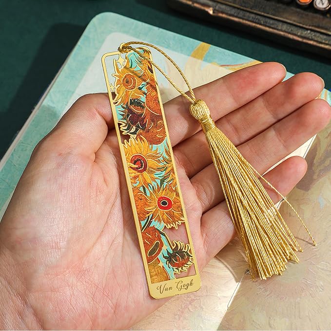 4 Pieces Metal Bookmark with Tassel,Cute Bookmarks Oil Painting Theme Aesthetic Bookmark Golden Van Gogh Book Marks for Women Man Book Lovers Writers Reader Adult Children Teens