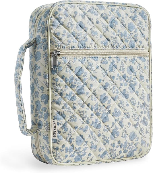 shirabags Quilted Bible Cover Case for Women - Elegant Cotton Bible Bag for Study, Church, Christian Gifts for Women(Blue Floral, M)