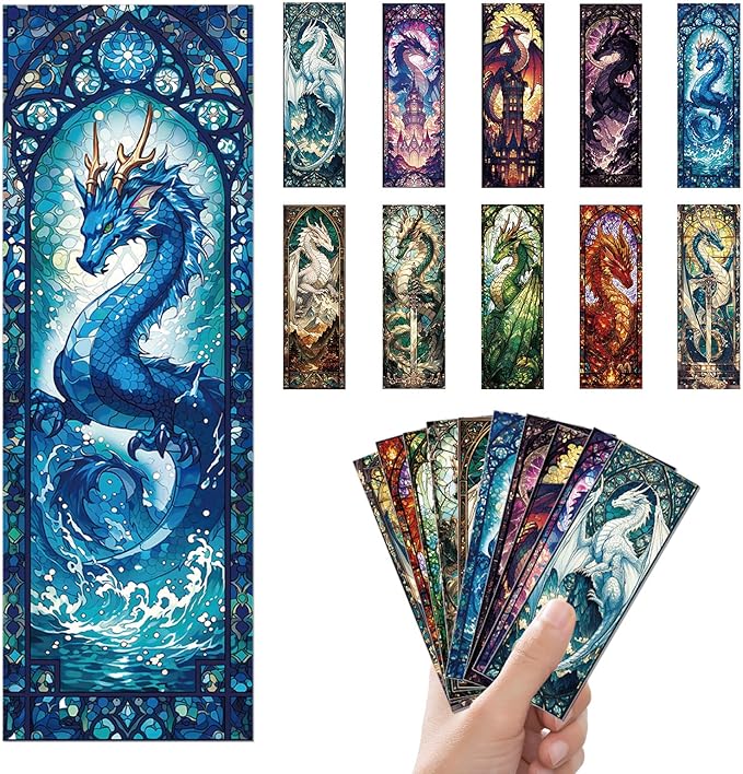 10 Pcs Stained Glass Dragon Bookmarks, Fantasy Dragon Transparent PVC Bookmark Bulk for Women Man, Cool Aesthetic Book Mark for Reading Lovers Accessories Gifts