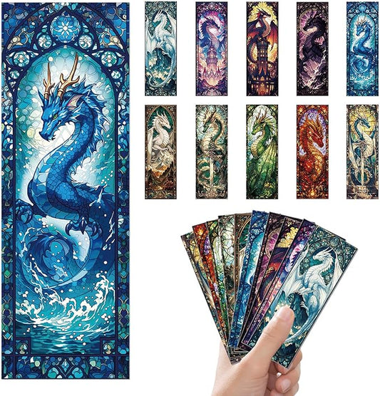 10 Pcs Stained Glass Dragon Bookmarks, Fantasy Dragon Transparent PVC Bookmark Bulk for Women Man, Cool Aesthetic Book Mark for Reading Lovers Accessories Gifts