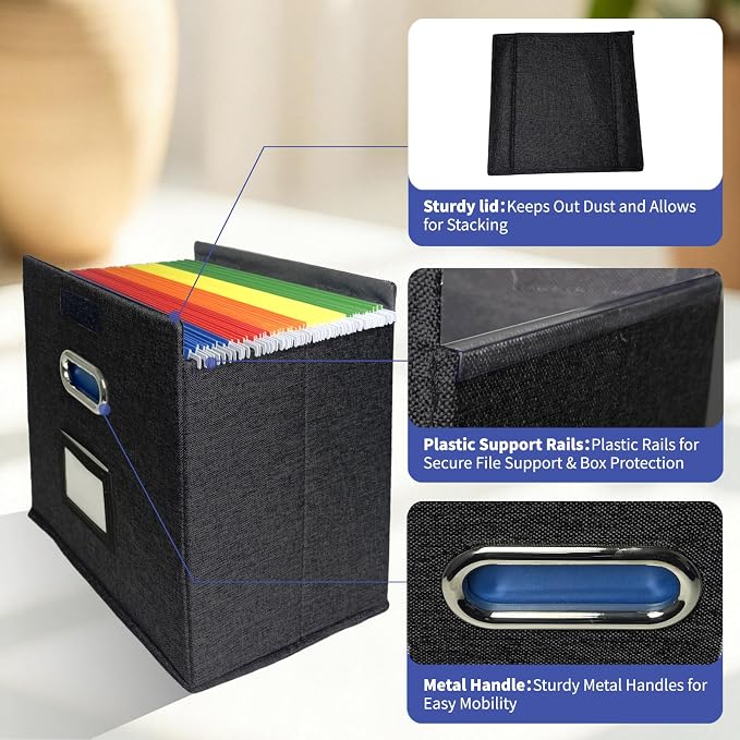 4 Pack Hanging File Folder Box with Lid, Durable Letter Size Filing Storage Box, Sturdy File Holder with Cardboard Support PVC Rails for Office Home Organizer, Black
