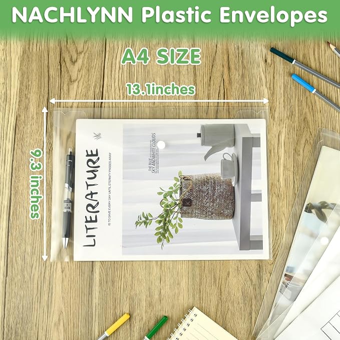 NACHLYNN 108 Pack Plastic Envelopes Poly Envelopes with Snap Closure A4 Size Clear Document File Folders Organizers Clear File for School Office Supplies