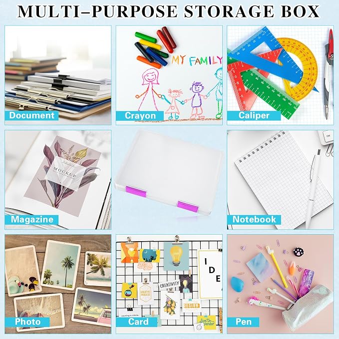 PerKoop 6 Pcs Clear Paper Storage Box A4 Plastic File Box Document Paper Organizer Storage Board Game Project Cases Containers with Buckle for Craft, Magazine(Colorful,12.4 x 9.84 x 1.18 Inches)
