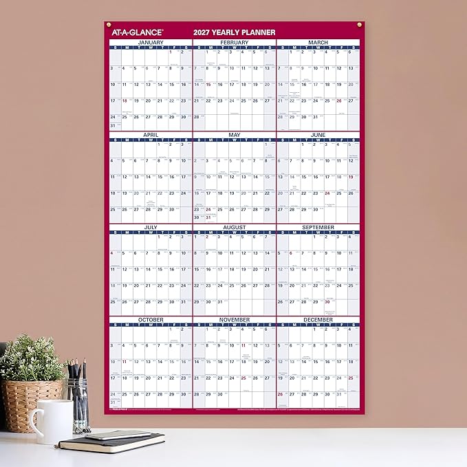 AT-A-GLANCE 2027 Erasable Calendar, Dry Erase Wall Planner, 36" x 24", Vertical-Horizontal, Reversible, Includes Marker (PM262827)