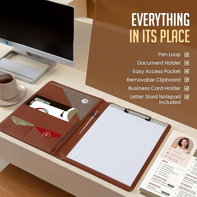 STYLIO Padfolio Folder with Removable Clipboard | Tan (Brown) Color| Portfolio Organizer | Binder with Storage for Notebook, Notepad | Nursing Clipboard Folio | Vegan Leather