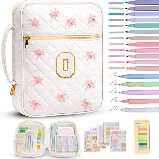 Bible Bag for Women, Bible Cover Case with Study Supplies, Initials Personalized Quilted Bible Bag, Large Chenille Bible Cover – Christian Gift for Girls (Pink Lilies-O)