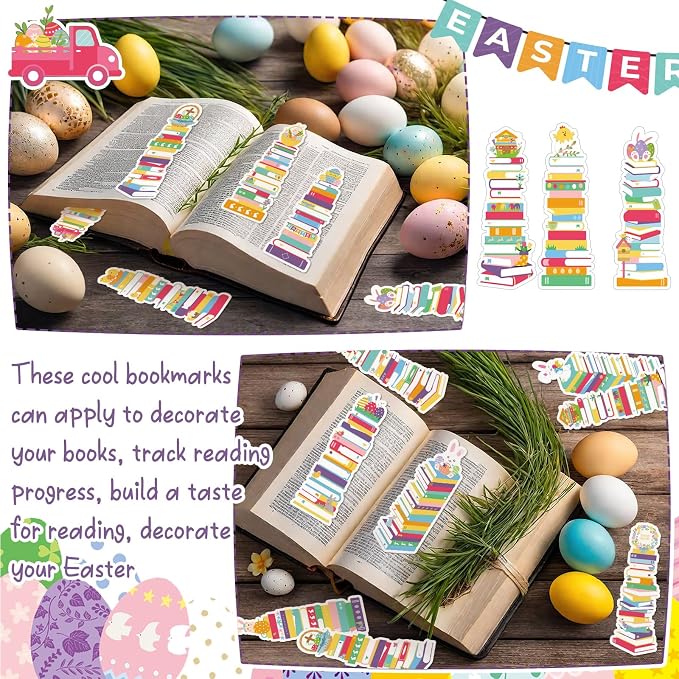 Kolldenn 150 Pcs Book Tracker Bookmarks Bulk 6.3 x 1.97 Inch Bookshelf Love to Read Bookmarks Paper Tracking Double Sided Reading Page Markers for Back to School Reading Lover(Easter)